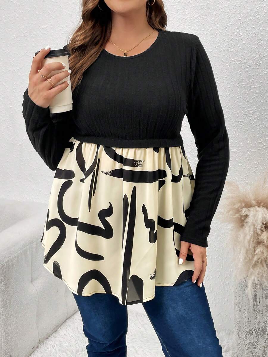 SHEIN LUNE Talla grande Top de mujeres bajo con fruncido - Blanco y Negro - Ver 1