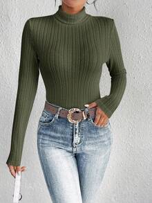 SHEIN Frenchy Camiseta De Cuello Alto De Color Sólido - Verde militar - Ver 3