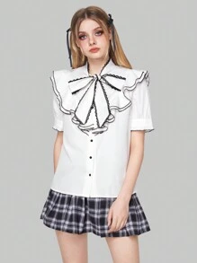ROMWE Kawaii Của phụ nữ Cà vạt Ren Hem tương phản Áo sơ mi - trắng - Xem 5
