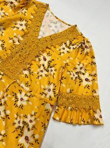 SHEIN LUNE 花卉印花抽绳腰女式连衣裙长款女装 - 黃色 - 查看 5