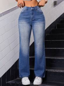 SHEIN EZwear Women's Hand Printed Denim Pants - Blue - View 2