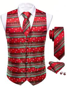 Men's Christmas Print V-Neck Single-Breasted Vest, Suitable For Holiday Party Occasions - Red - View 1