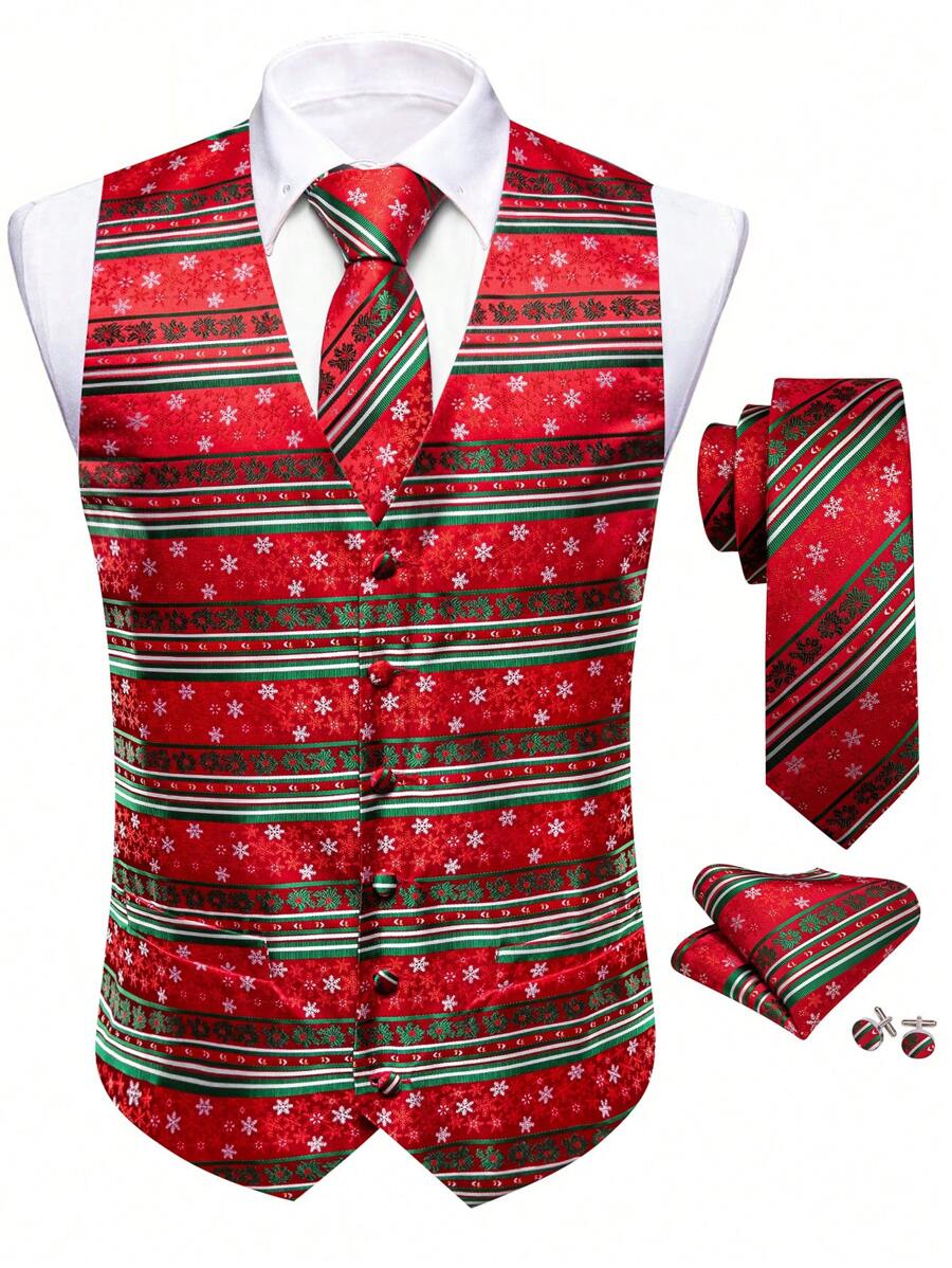 Men's Christmas Print V-Neck Single-Breasted Vest, Suitable For Holiday Party Occasions - Red - View 1