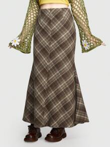 ROMWE Hippie Art Style Checkered Mermaid Maxi Skirt - Multicolor - View 5