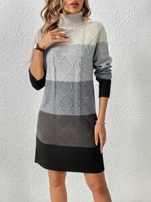 SHEIN LUNE Color Block Turtleneck Sweater Dress - Grey - View 5