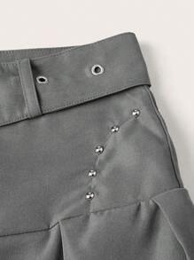 SHEIN ICON 女款高腰腰帶百褶裙 - 深灰色 - 查看 10