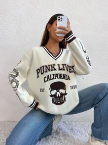 SHEIN Unity 骷髏頭和字母圖案條紋飾邊落肩袖運動衫 - 杏色 - 查看 3