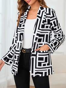 SHEIN Clasi Women's All Over Printed Regular Fit Jacket With Lapel Collar - Black and White - View 6