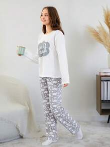 RueChic Teen Girl's Letter Printed Home Clothes Set Including Eye Mask - White - View 5