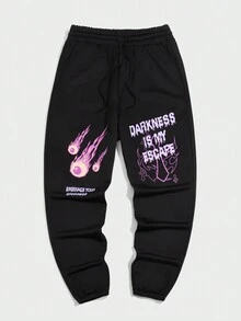 ROMWE MEN Street Life 男士標語印花束口上衣和運動長褲套裝 - 黑色 - 查看 5