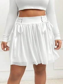 SHEIN Qutie Plus Lace Up Front Mesh Skirt - White - View 6