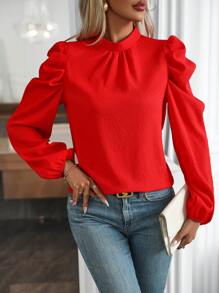 SHEIN LUNE 女性小立領襯衫帶粉撲 - 紅色 - 查看 3