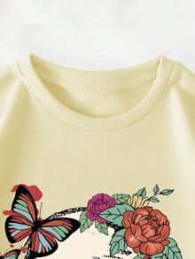 SHEIN EZwear Plus Size Flower And Skull Print Fleece Sweatshirt - Apricot - View 3