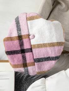 SHEIN 女孩格紋T恤半身裙貝雷帽優雅復古時尚濃烈香調套裝秋天和冬天 - 粉色 - 查看 3