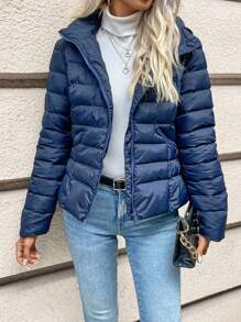 SHEIN Frenchy Women's Zipper Front Solid Color Padded Coat - Blue - View 1