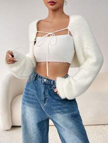 SHEIN EZwear Fluffy Knit Tie Front Crop Shrug Cardigan - White - View 5
