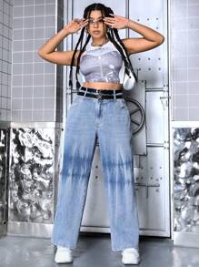 SHEIN ICON Talla grande Jeans de pierna recta mezclilla sin cinturón - Azul lavado medio - Ver 4