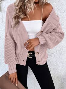 SHEIN LUNE Tay áo lồng đèn Nút Thiết kế Áo len Mở Áo len - Bụi hồng - Xem 1