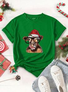SHEIN EZwear Cow And Christmas Printed T-shirt - Green - View 1