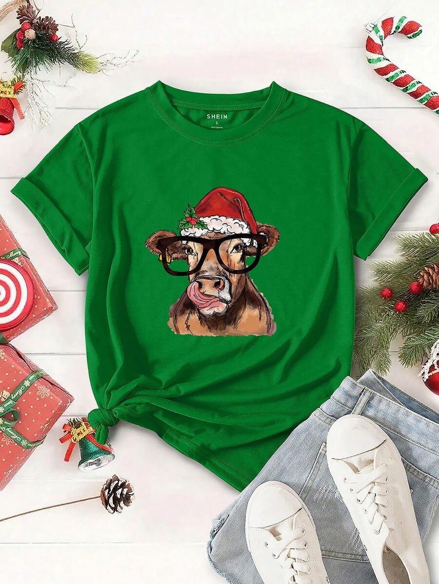 SHEIN EZwear Cow And Christmas Printed T-shirt - Green - View 1