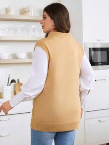 Calvaya Plus Pointelle Knit Sweater Vest Without Blouse - Khaki - View 2