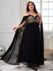 Plus Size Sleeveless Halter Neck Sequined Party Dress Black Elegant Long Sleeve Formal Evening Prom Wedding Guest Gown, For Graduation, Dinner - 黑色 - 查看 3