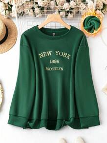 SHEIN LUNE 大碼字母刺繡加絨內裏運動衫 - 綠色 - 查看 1