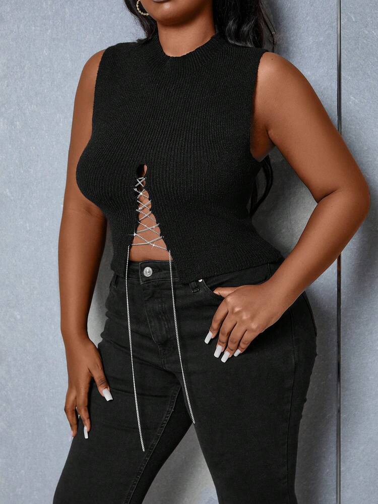 Plus Chain Lace Up Front Knit Top