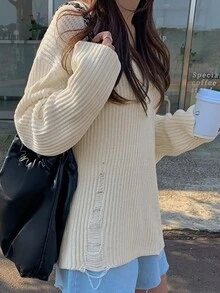 DAZY 1pc Solid Drop Shoulder Sweater - Beige - View 6