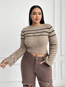 SHEIN EZwear Große Größe Crop Pullover mit Streifen Muster, - Verschiedenfarbig - Übersicht 4