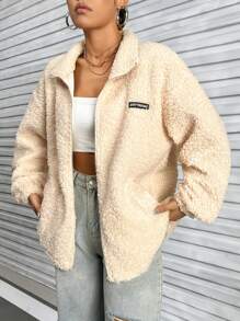 SHEIN Unity Women's Teddy Fleece Regular Jacket With Letter Applique - Apricot - View 1