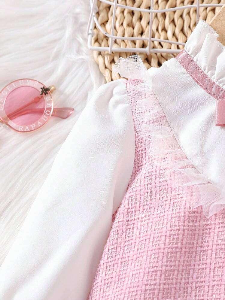 Vestido De Bebê Menina Elegante Decoração De Laço Em Bloco De Cor - Rosa chiclete - Visão 5