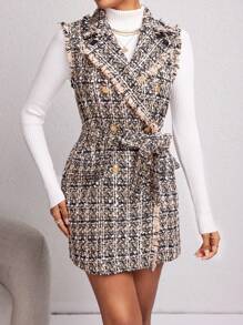 Firerie 秋冬格纹印花毛边双排扣系带背心大衣 - 彩色 - 查看 3