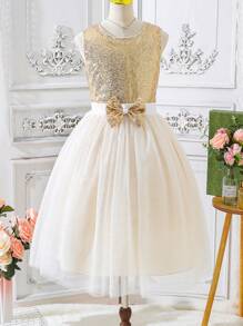 Explorewe 少女金色閃爍網眼無袖連衣裙,配有蝴蝶結 - 金色 - 查看 1