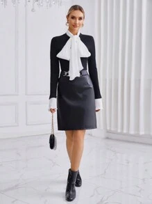 SHEIN Privé 對比繫帶顏色波浪袖修身t卹 - 黑色 - 查看 3