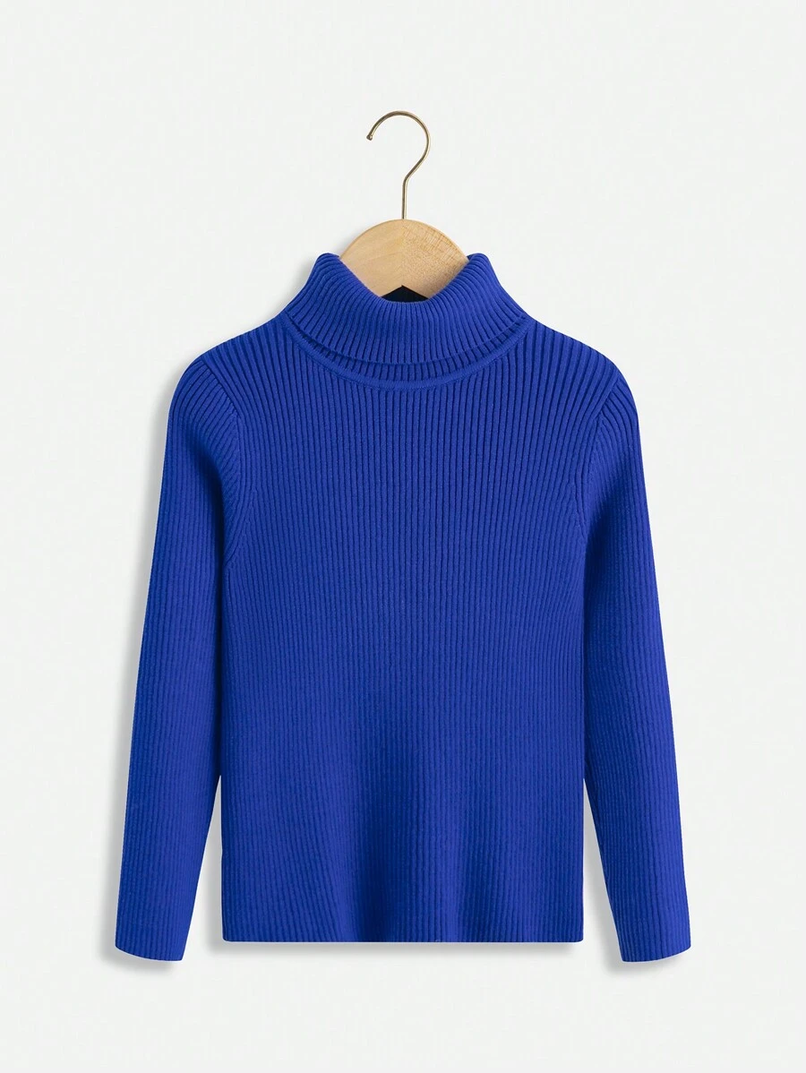 SHEIN 女孩高領肋織針織衫 - 藍色 - 查看 1
