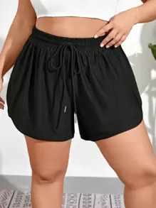 Swim Lushoire Summer Beach Plus Size Drawstring Waist Swim Bottoms - Black - View 3