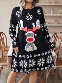 Calvaya Halloween Plus Size Snowflake & Reindeer Pattern Printed Dress, Great For Christmas - Black - View 4