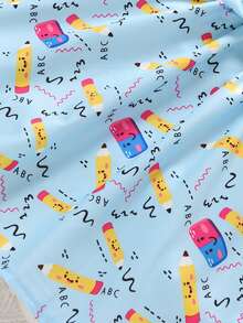 SHEIN 年轻女孩休闲宽松圆领长袖盖袖蝴蝶结卡通图案印花连衣裙，春秋 - 黃色 - 查看 4