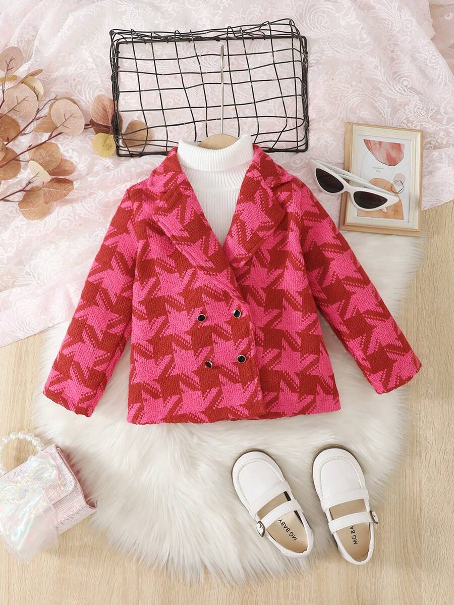 SHEIN Girls' Houndstooth Pattern Coat - Hot Pink - View 1