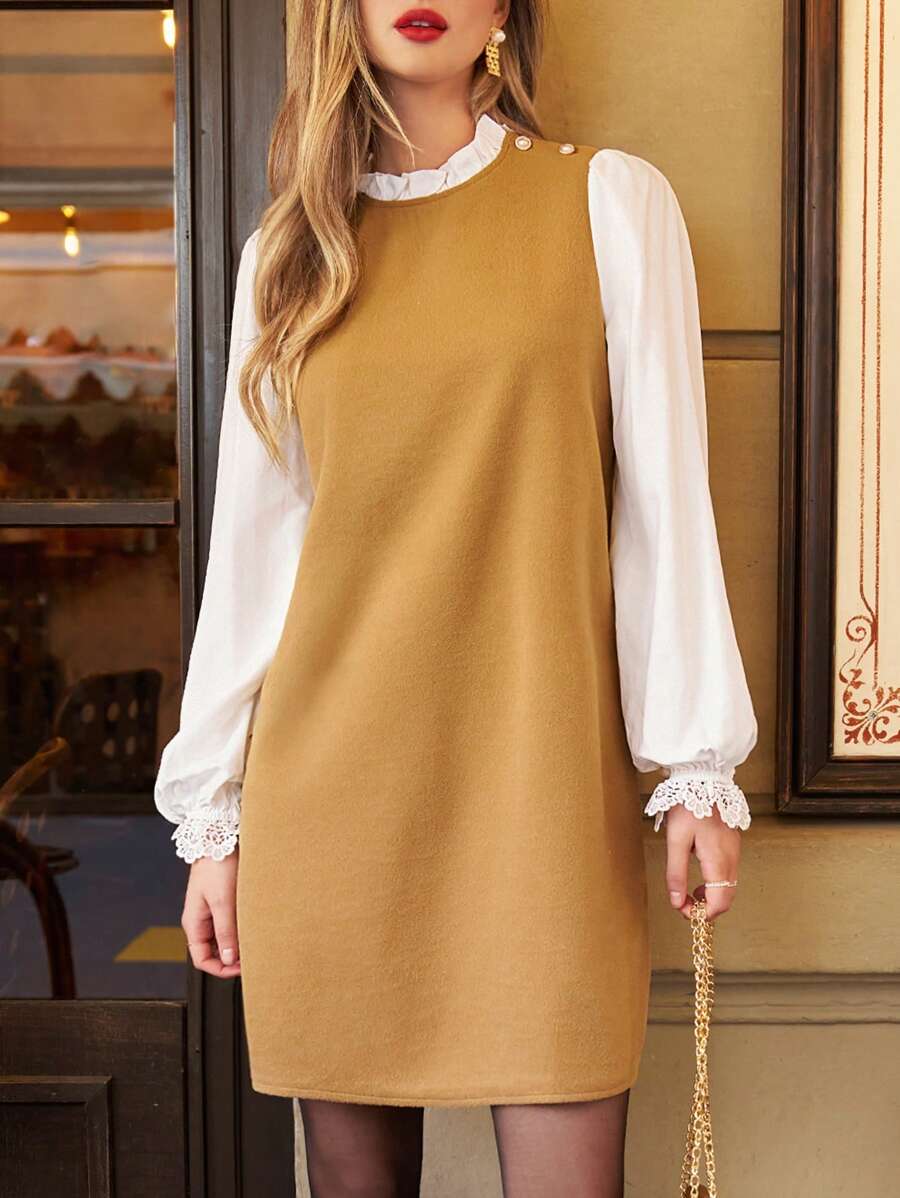 SHEIN Frenchy 荷葉邊裝飾的圓領彩塊蕾絲長袖直筒羊毛連衣裙 - 黑色 - 查看 1