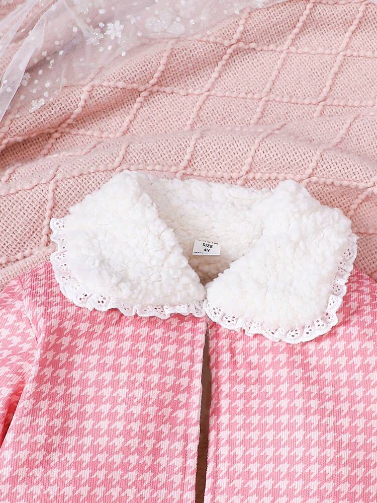 Young Girls Elegant Pink Houndstooth Corduroy Thick Coat With White Lace Peter Pan Collar, Matched With Dress, For Autumn And Winter