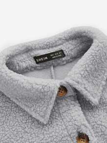 SHEIN Maternity Drop Shoulder Flap Pocket Teddy Coat, For Winter - Grey - View 7