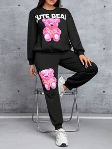 SHEIN PETITE 小熊和字母圖案下垂肩毛衣和運動褲 - 黑色 - 查看 3