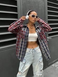 SHEIN Unity Kẻ sọc Thả vai Áo sơ mi - Nhiều màu - Xem 3