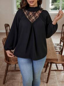 Calvaya Hơn Ren tương phản Tay áo lồng đèn Áo sơ mi - màu đen - Xem 5