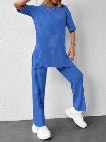 EURMUSE Cutout Ribbed Top And Split Hem Pants Set - Blue - View 4