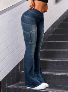 SHEIN ICON Zip Back Bleach Wash Flare Leg Jeans