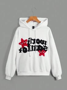 SHEIN Unity Của phụ nữ Hoodie Với Từ Và Thêu Sao Và Dây rút - trắng - Xem 1