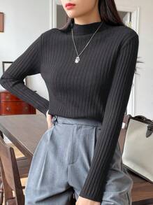 DAZY Mock Neck Ribbed Knit Sweater - Grey - View 3